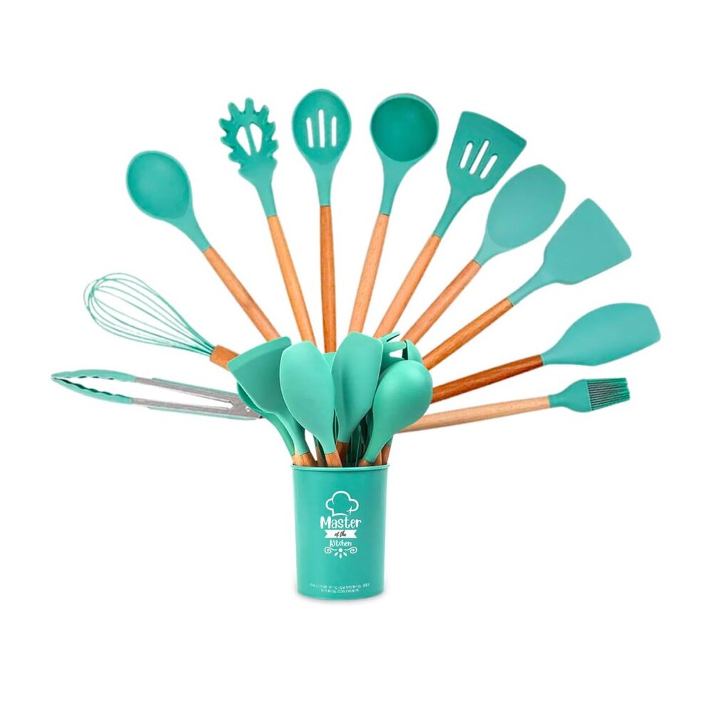 Silicone Cooking Set, 12 pcs Kitchen Utensils Set, Wooden Handle, Bucket Storage